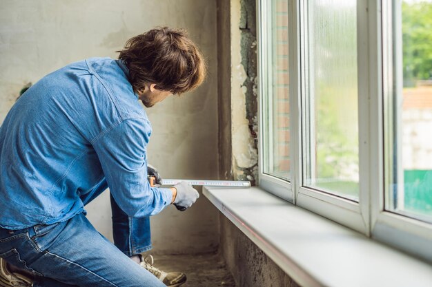 Man in een blauw shirt doet raaminstallatie.