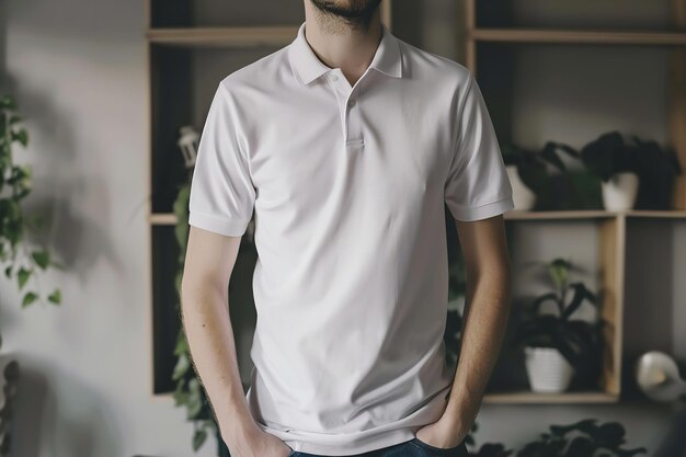 Foto man in een casual polo blank t-shirt met een live room shirt terwijl hij wacht op je mockup kopie gebied generatieve ai