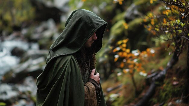 Man in een groene mantel met capuchon in een mistig bos