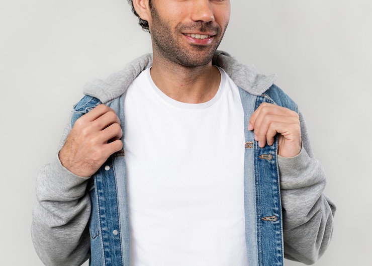 Foto man in een halve denim hoodie jas transparant png