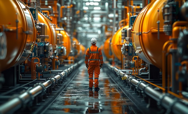 Man in een harde hoed loopt door een grote industriële faciliteit