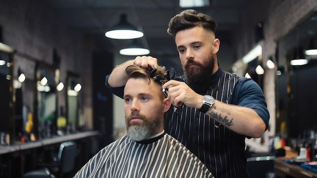 Man in een kapsalon die haar snijdt en baard snijdt