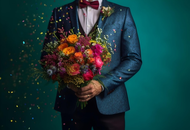 Man in een pak met een boeket bloemen met feestelijk klatergoud en confetti op een groene achtergrond met kopieerruimte Gegenereerde AI