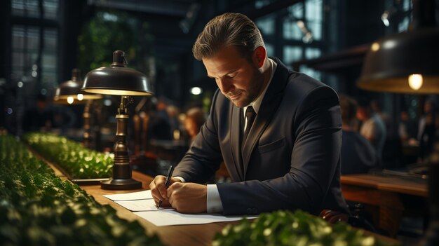 Man in een pak met een pen en een glas winegenerative ai