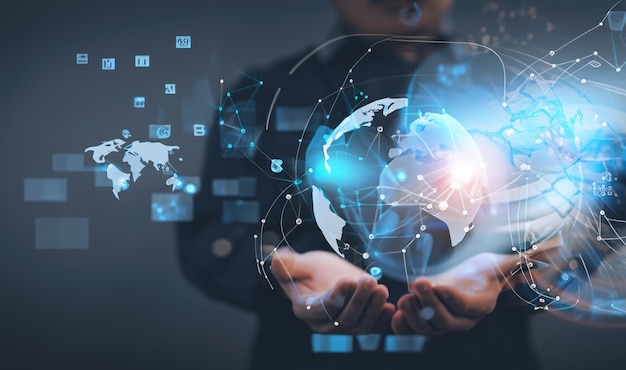 man in een pak met het connected earth futuristische kantoorconcept