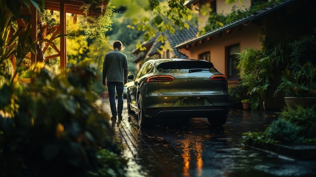 Man in een regenachtige straat bij het huis met zijn luxe groene eco-elektrische auto