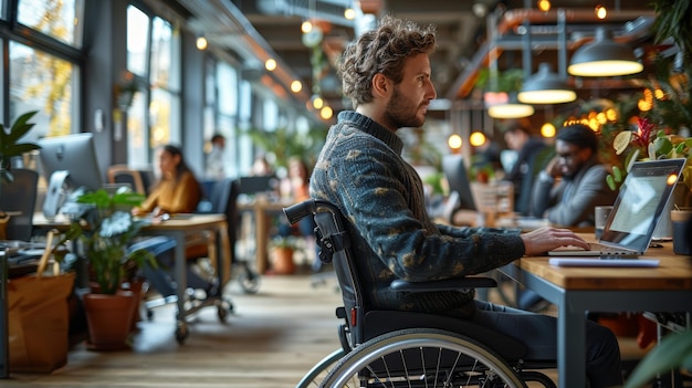 Man in een rolstoel die aan laptops werkt in het kantoor