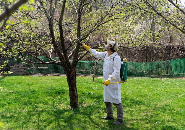 Man in een tuin met een drukspuitrugzak die bomen beschermt tegen ongedierte en schimmelziekten