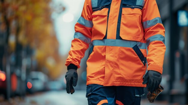 Man in een veiligheidsvest loopt door een straat arbeidersdag