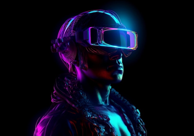 Man in een virtual reality-headset en met gloeiende neonlijnen die Ai heeft gegenereerd