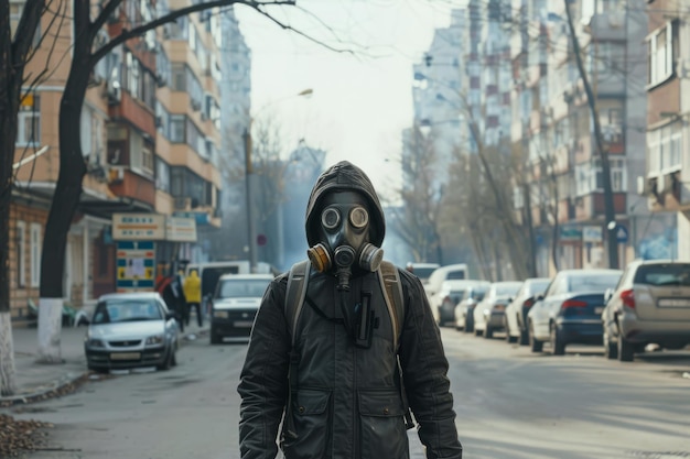 사진 가스 마스크 를 착용 한 사람 이 연기 가 가득 한 거리 를 고 있다