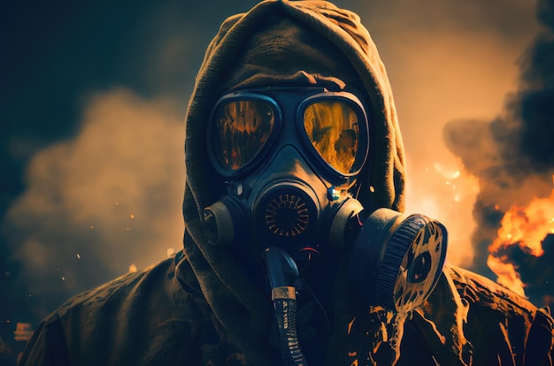 Man in gasmasker postapocalyps wereld