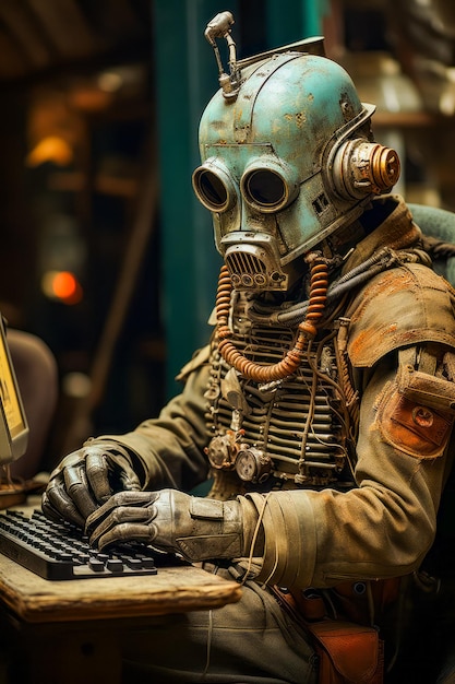 Man in gasmasker werkt aan een laptop Generatieve AI