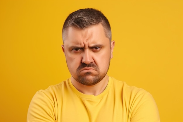 Man in geel shirt met boze uitdrukking op een gele achtergrond