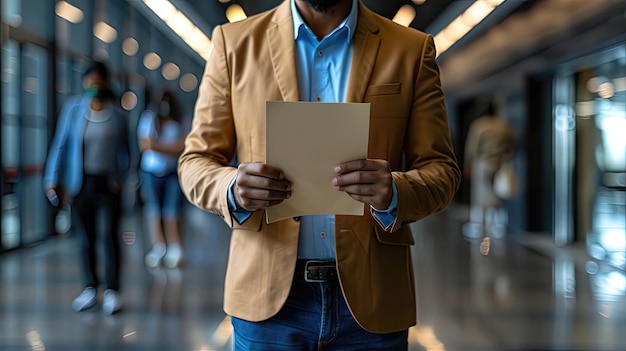 Man in gele blazer met een document in een drukke gang