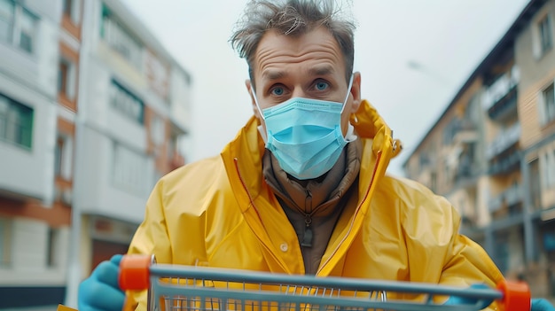 Foto man in gele regenjas die winkelwagentje duwt in een stedelijke omgeving openhartige alledaagse levensscène tijdens een pandemie eenvoudige relatabele compositie ai
