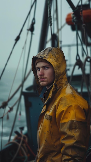 Man in gele regenjas op een boot