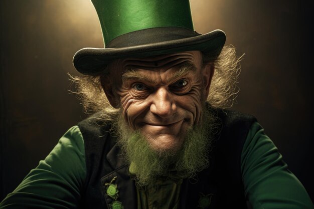 Man in groen leprechaun kostuum met een ondeugende uitdrukking