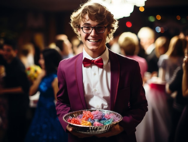 Man in Halloween-kostuum met een kom snoep met een ondeugende grijns