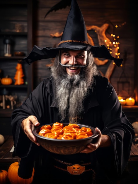 Man in Halloween-kostuum met een kom snoep met een ondeugende grijns