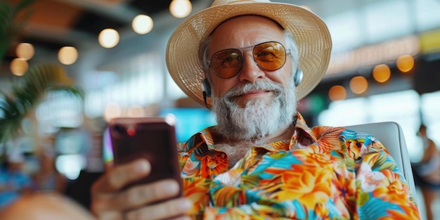 man in heldere comfortabele zomerkleding en koptelefoon op de luchthaven met behulp van smartphone AI gegenereerd