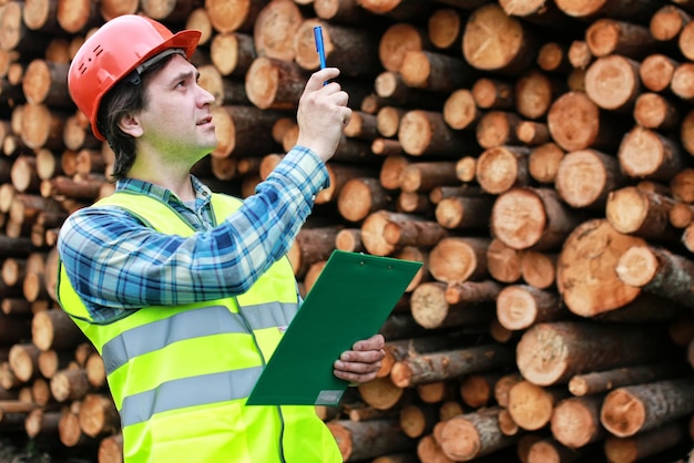 Man in helm werknemer hout timmerhout