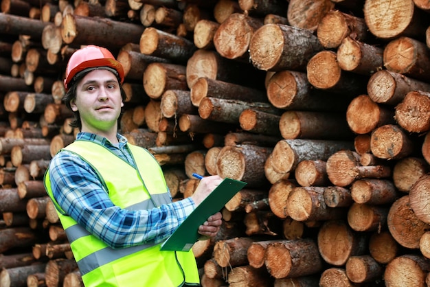 Man in helm werknemer hout timmerhout