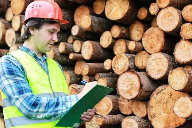 Man in helm werknemer hout timmerhout