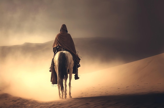 Man in jas op een paard in een woestijnzand tijdens de storm Zand in een stoffige mist in de lucht Generatieve AI
