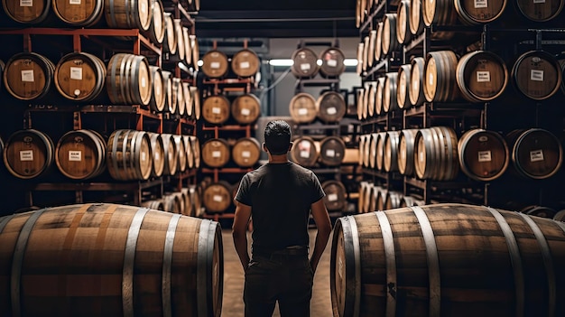 Man in magazijn van bier Bruine houten wijn biervat gestapelde achtergrond