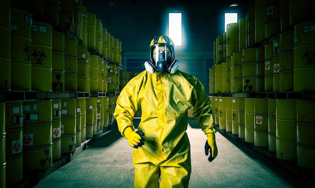 Фото Человек в маске и желтой защитной одежде ходит