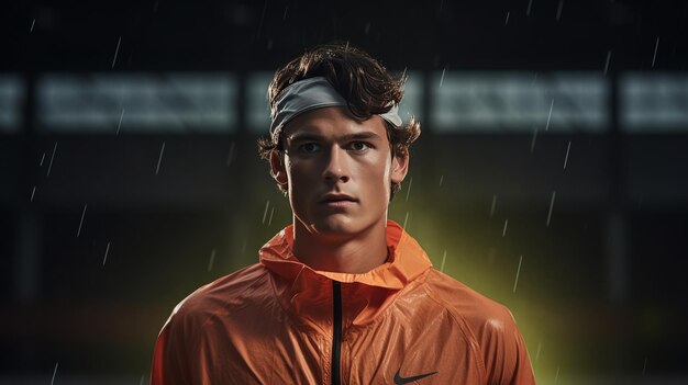 Man in oranje jas en hoofdband staat in de regen