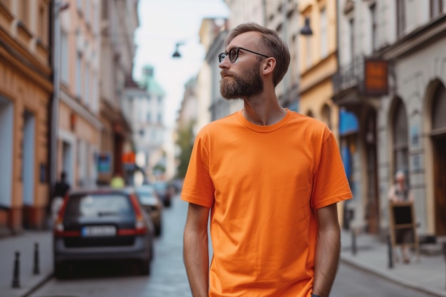 Man in oranje T-shirt op de straat mockup