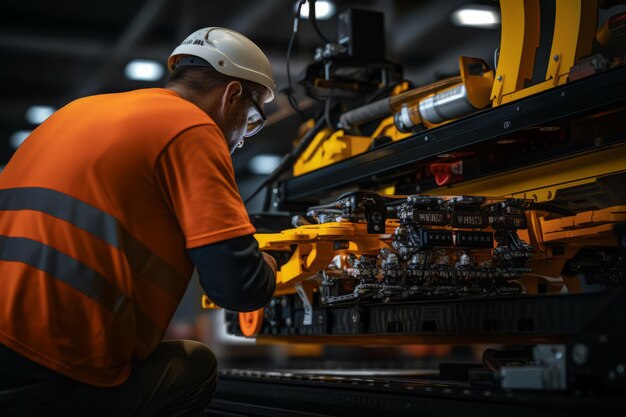 man in oranje versnelling die een voertuigmotor inspecteert