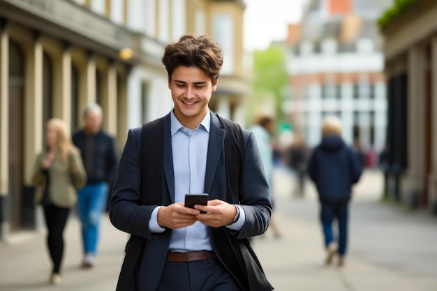 Man in pak kijkt naar zijn mobiele telefoon Generatieve AI