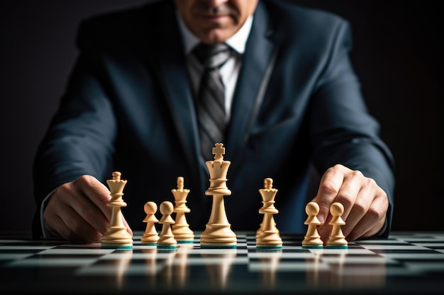 Man in pak verplaatsen schaakfiguur op schaakbord Bedrijfsstrategie concept