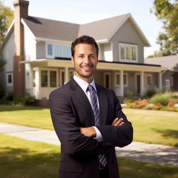 Man in pak voor het huis.