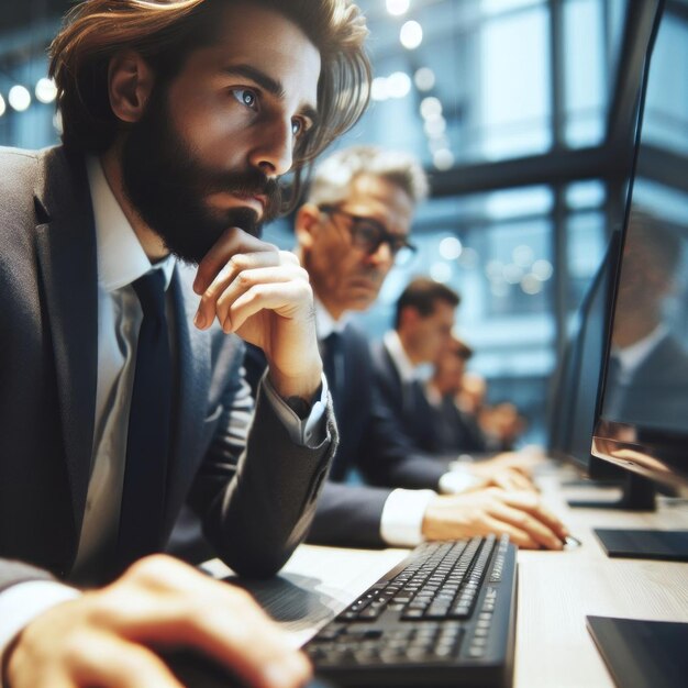 man in pak zit en gebruikt een computer