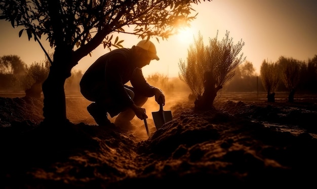 Man in pet plant een boom Boer hurkte om een gat in de grond te graven Zonsondergang op de achtergrond Generatieve AI