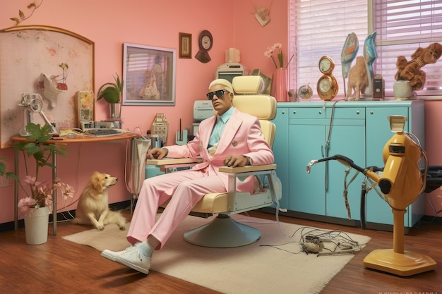 写真 ピンクのスーツを着た男が椅子に座っている