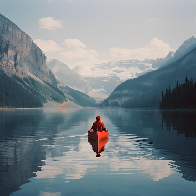 Фото Человек в красном каноэ на горах, окруженный озером, наслаждающийся природной красотой.