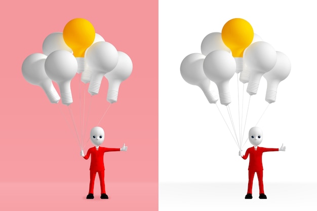 Фото Человек в красном, держа желтые и белые воздушные шары лампочки. большие пальцы руки вверх. 3d.