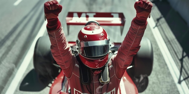 Фото Человек в красном гоночном костюме празднует свою победу на гоночной трассе