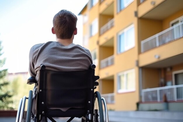 Man in rolstoel die stadsgezicht vanuit gebouw observeert