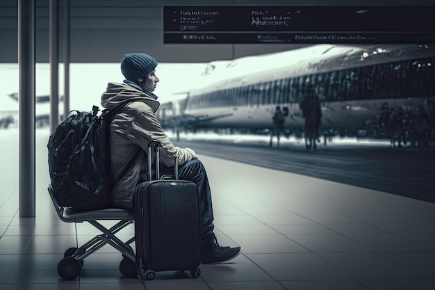 Man in rolstoel met handbagage en rugzak wachtend op zijn vlucht in de moderne luchthaventerminal