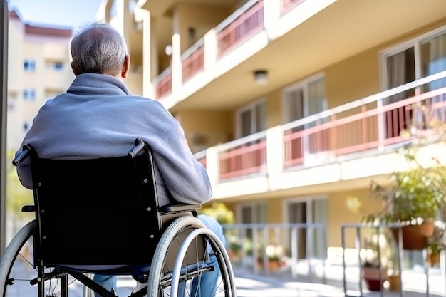 Man in rolstoel starend door raam als gevolg van eenzaamheid en isolatie