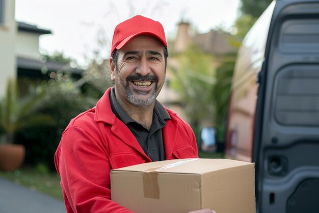 Man in rood jasje houdt doos