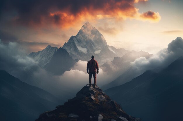 Man in rood jasje staat op de top van een berg in de wolk een man staat op de bovenkant van de berg AI gegenereerd
