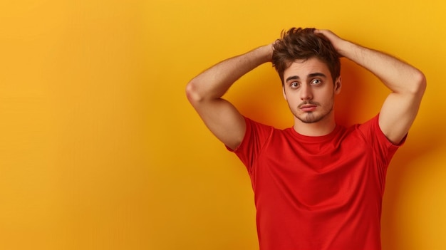 Man in rood shirt met hoofd vast