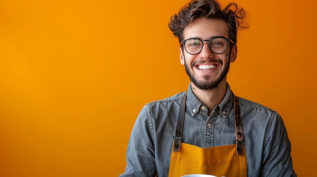 Man in schort met koffiebeker in de hand